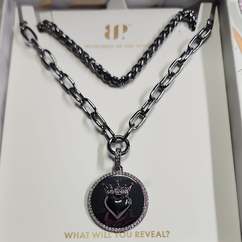 Hematite Plating Chain Necklace with Heart and Crown On Disc 2 Necklaces